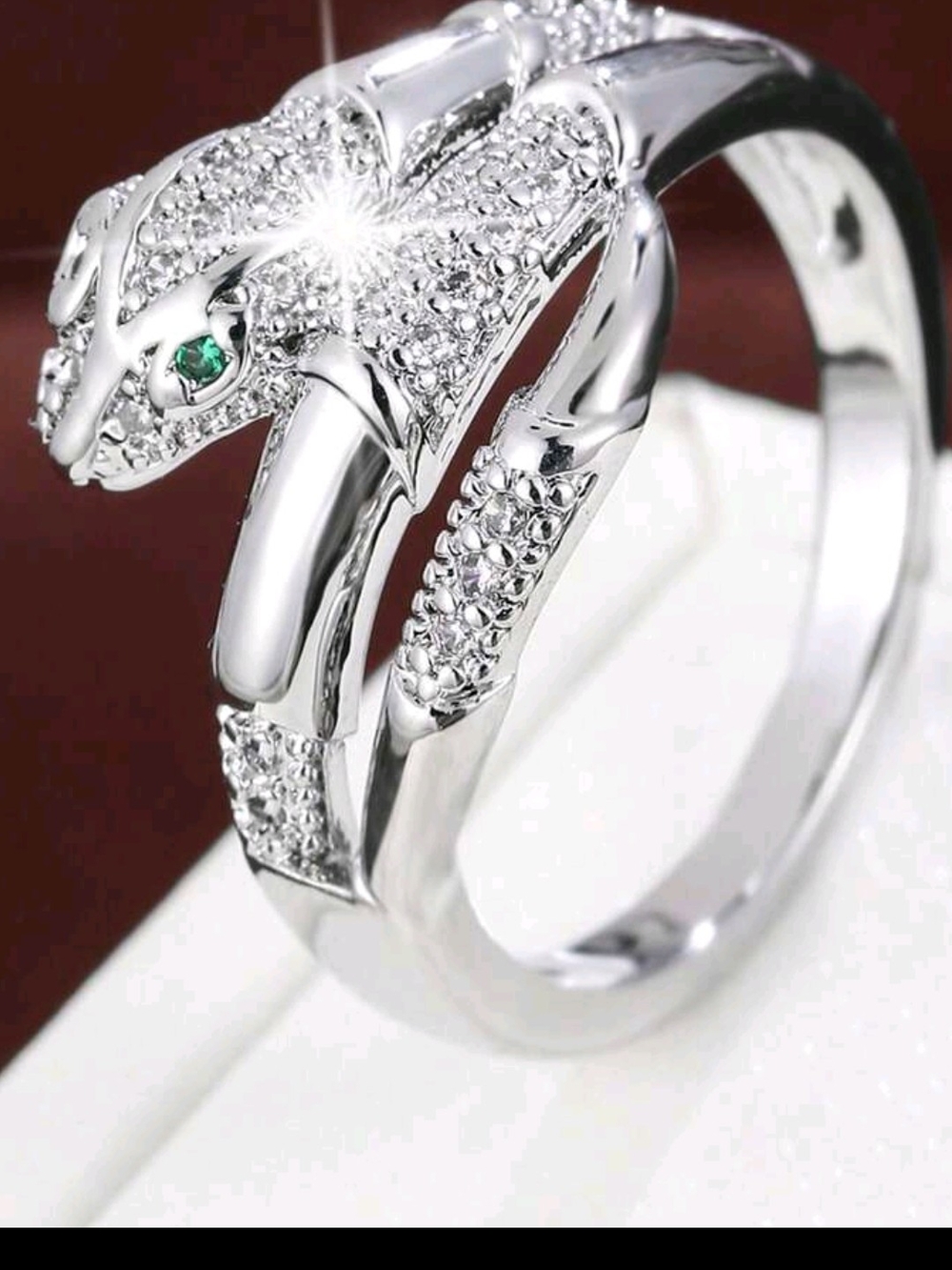 Silver Snake Ring with Green Eye - Women's Jewelry
